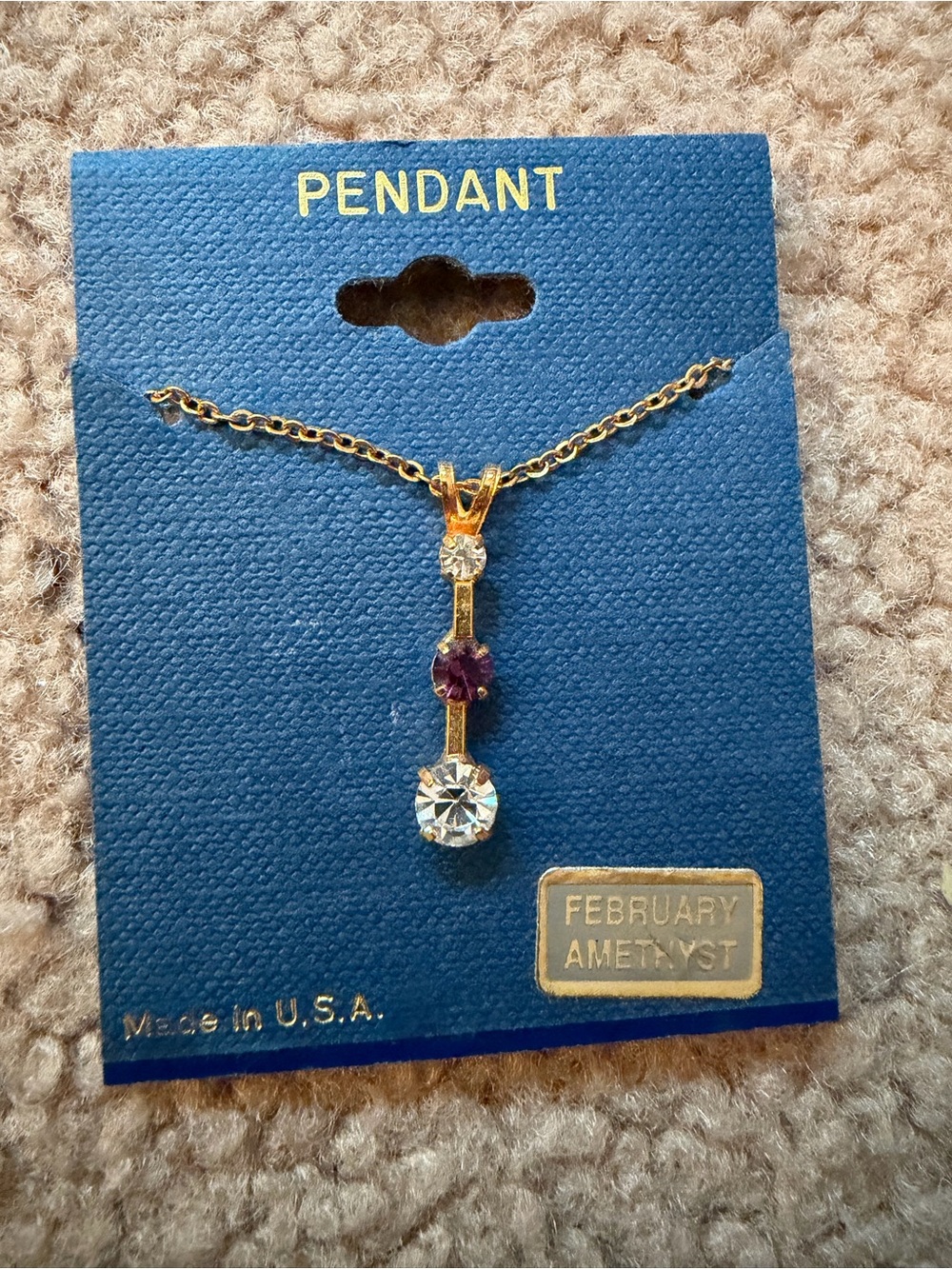 Vintage February Amethyst Birthstone Pendant Necklace 16” Gold Tone NOS USA
